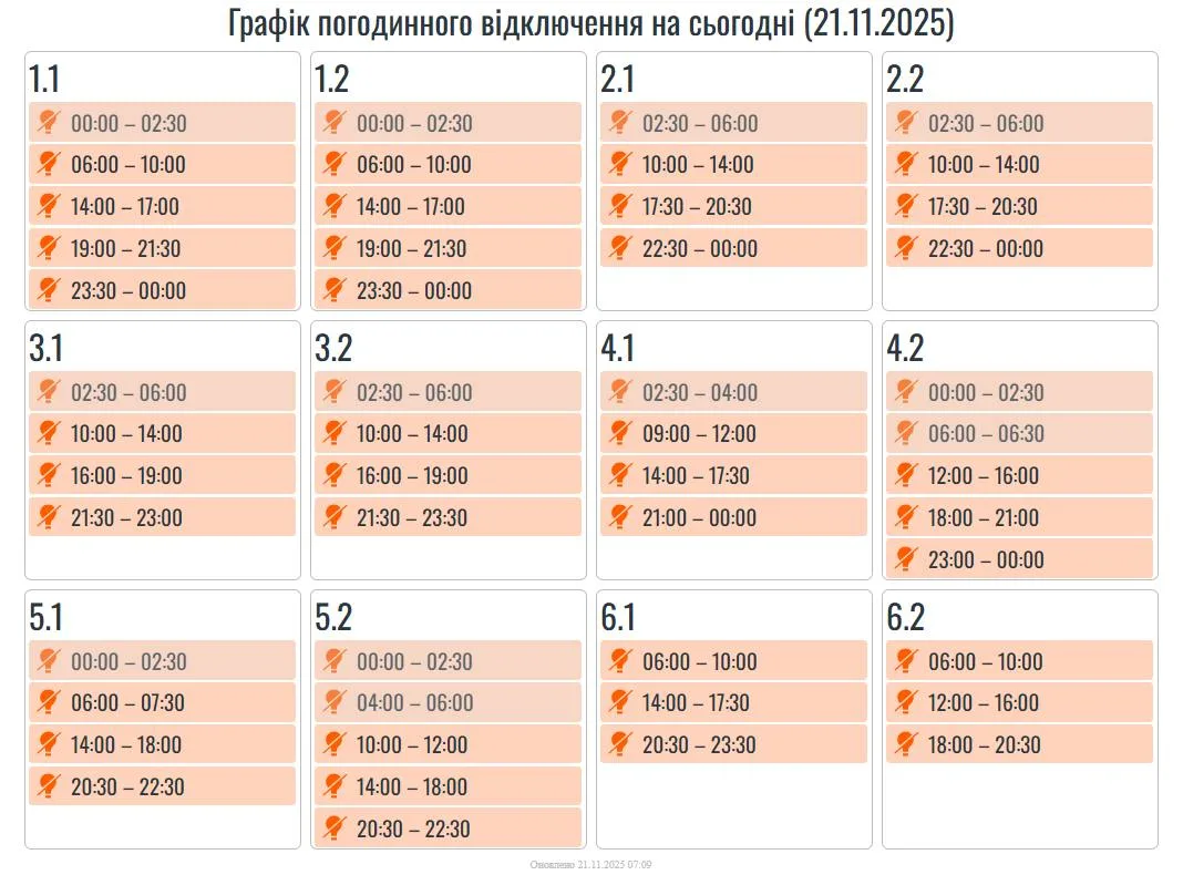 21 листопада на Франківщині діятимуть графіки погодинних вимкнень