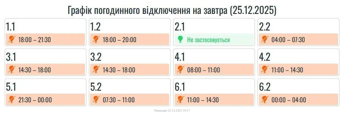25 грудня на Прикарпатті діятимуть графіки погодинних відключень електроенергії