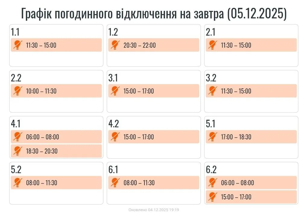 Сьогодні на Прикарпатті діятимуть нові погодинні вимкнення електроенергії